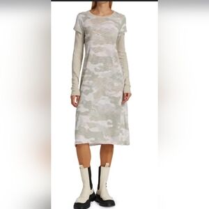 ATM SZ S Midi Grunge Camo Slub Jersey Crew Neck Long Sleeve Casual Shift Dress